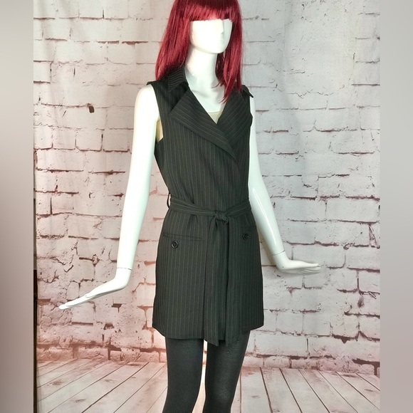MAX STUDIO Pinstripe belted Twill Drape Vest Dress NWT Black & Grey XS Runs big - Picture 1 of 15